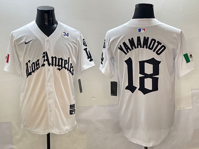 Men Los Angeles Dodgers 18 Yamamoto White Five generations Joint Name 2025 Nike MLB Jersey style 9